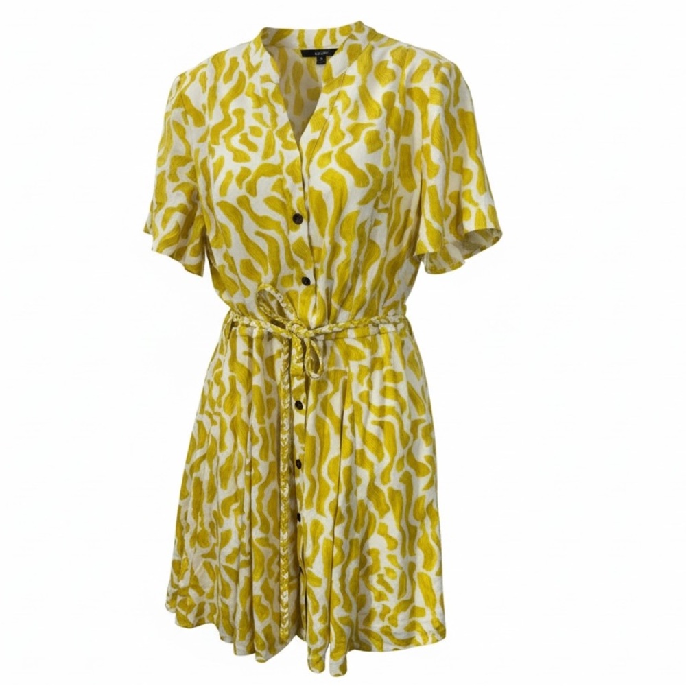 Nine West Dress Size L Yellow White Abstract Print Linen Blend Button Front Midi